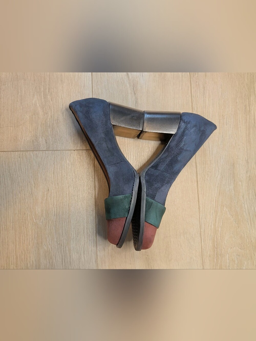 Clarks Artisan Tarah Brae Colorblock Suede Block Heel Pumps Navy Green Plum